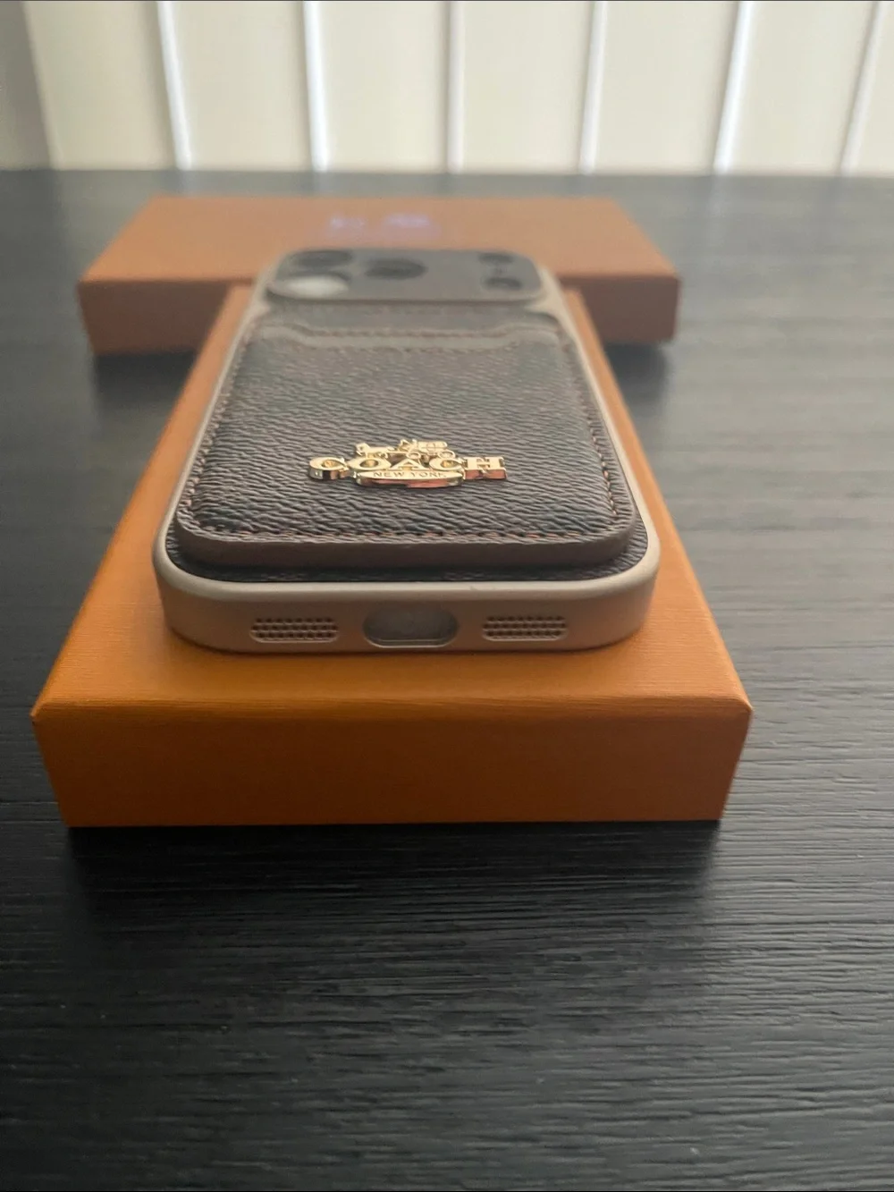 iPhone 17 pro Coach Brown Signature Canvas Card Phone Case with Gold Logo